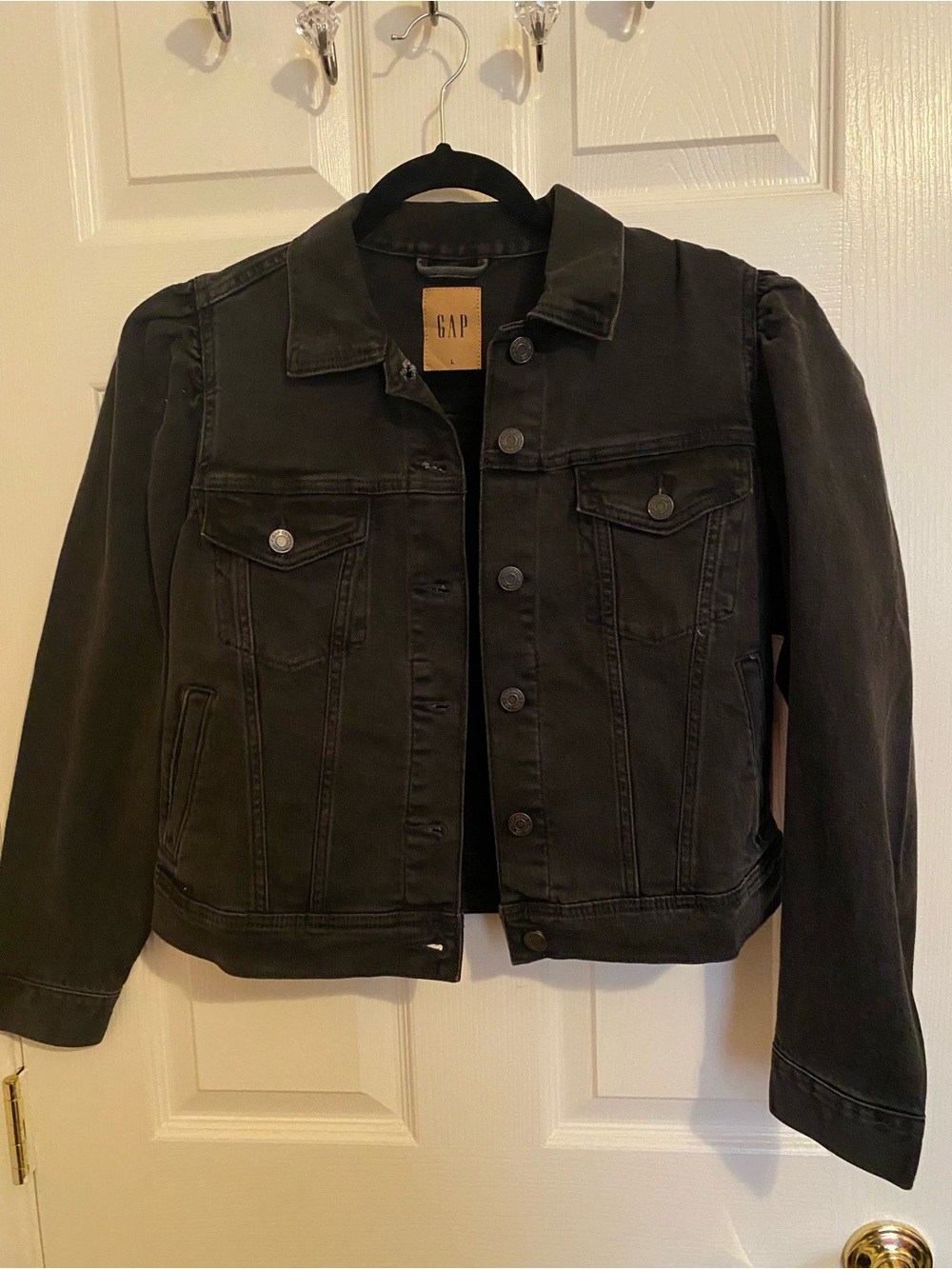 GAP Denim Puff Sleeve Jacket Distressed Black L Large NWT